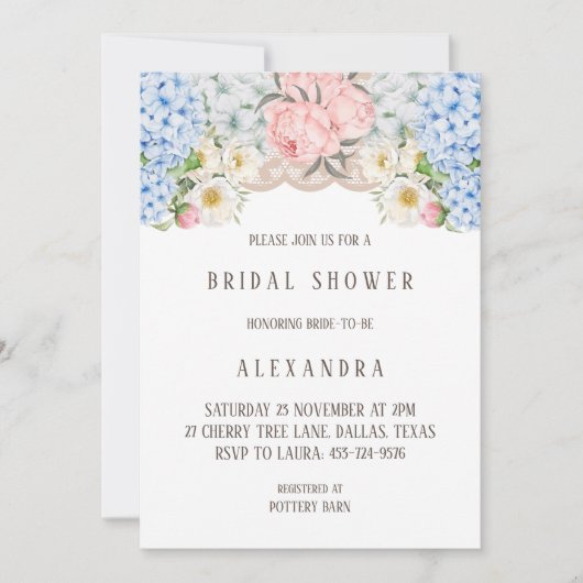 ピンクピーオンロマンティックブルーアジサイブライダルシャワーI 招待状 (正面)