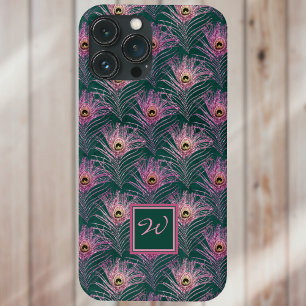ピンクピーコックの羽と深いグリーンのモノグラム iPhone 13 PRO MAXケース
