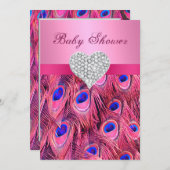 ピンクピーコックダイヤモンドハートベビーシャワー招待状 招待状 (正面/裏面)