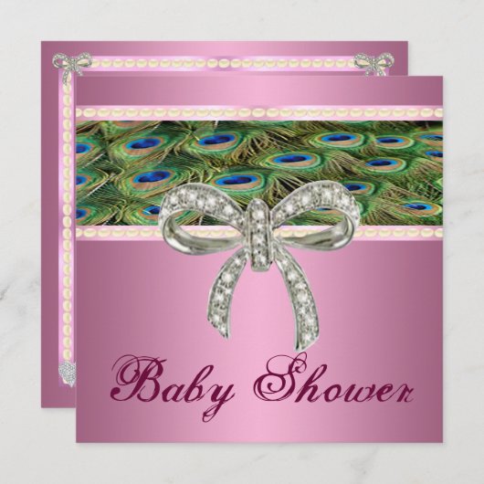 ピンクピーコックダイヤモンドボウベイビーシャワー招待状 招待状 (正面/裏面)