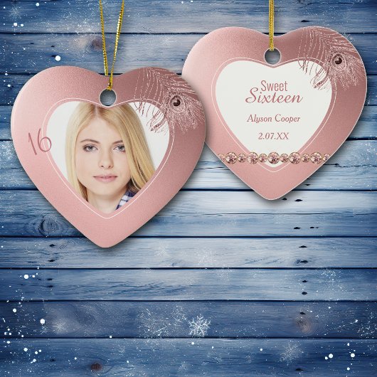 ピンクピーコックフェザー写真テンプレートSweet sixteen セラミックオーナメント