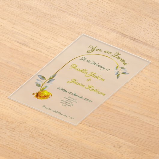 ピンクピースバラw淡い色のグリーン金ゴールド結婚ズ アクリル招待状 (レイダウン)