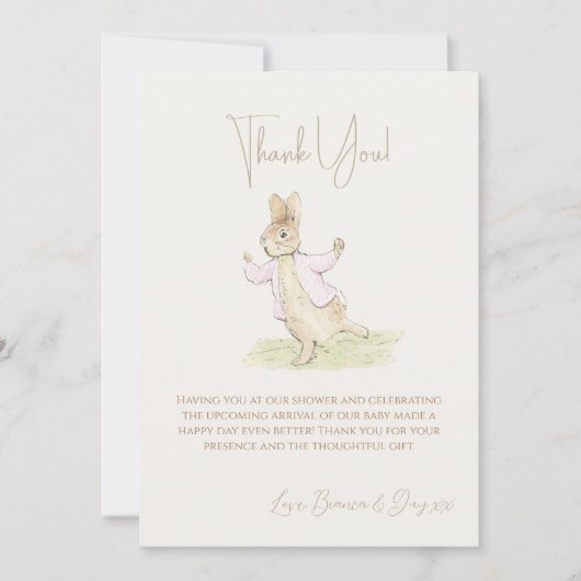 ピンクピーターうさぎバニーの赤ちゃんシャワー サンキューカード (正面)