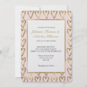 ピンクピーチと金ゴールド結婚ハート 招待状 (正面)