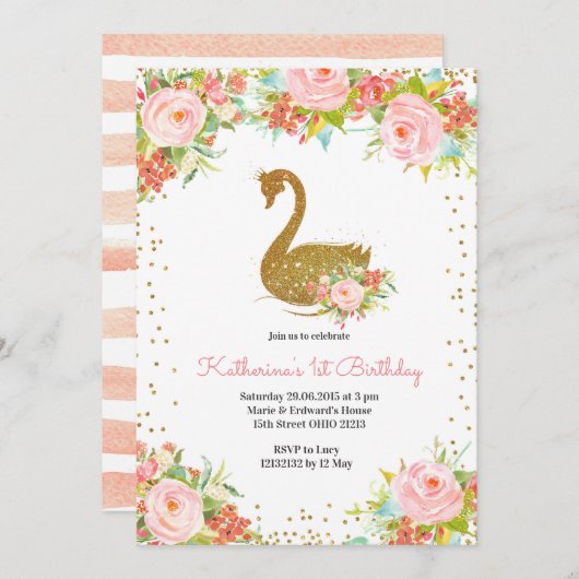 ピンクピーチアンド金ゴールドスワン誕生日招待状 招待状 (正面/裏面)