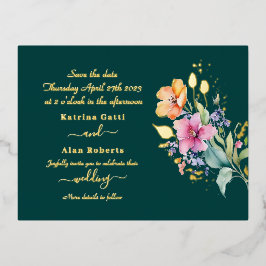 ピンクピーチイエロー開花は日付フォイルカードを保存 箔招待状ポストカード