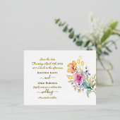 ピンクピーチイエロー開花は日付フォイルカードを保存 箔招待状ポストカード (立ち正面)