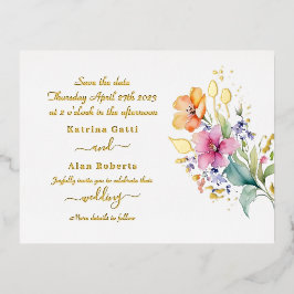 ピンクピーチイエロー開花は日付フォイルカードを保存 箔招待状ポストカード