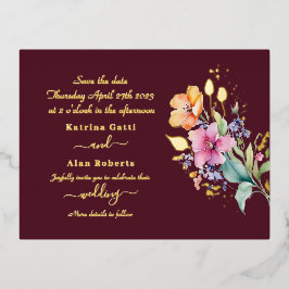 ピンクピーチイエロー開花は日付フォイルカードを保存 箔招待状ポストカード