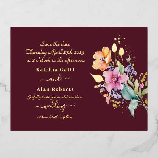 ピンクピーチイエロー開花は日付フォイルカードを保存 箔招待状ポストカード (正面)