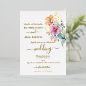 ピンクピーチイエロー開花フォイル招待状 箔招待状 (立ち正面)