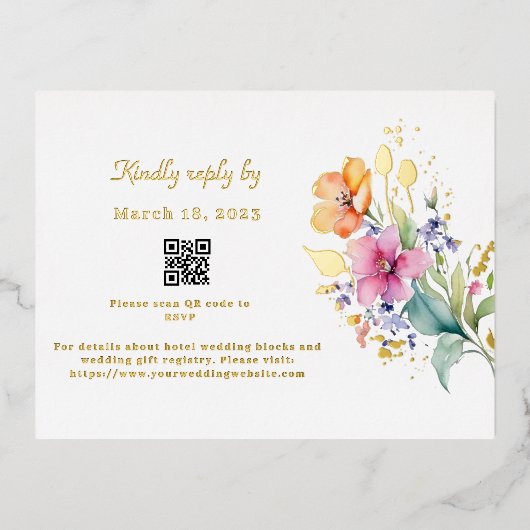ピンクピーチイエロー開花RSVPフォイルカード 箔招待状ポストカード (正面)