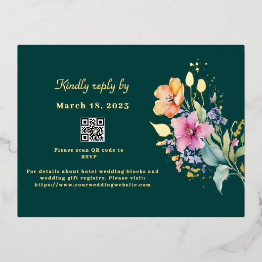 ピンクピーチイエロー開花RSVPフォイルカード 箔招待状ポストカード (正面)