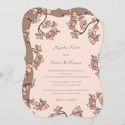 ピンクピーチエレガント花&シックフローラ結婚ズ 招待状 (正面/裏面)