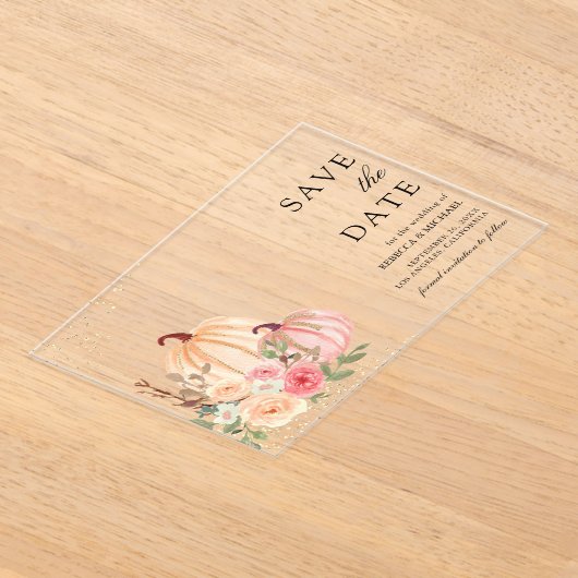 ピンクピーチカボチャフローラ結婚式の日付を保存 アクリル招待状 (レイダウン)