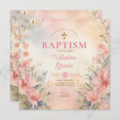 ピンクピーチガールウォーター色バプティスクロスフローラ 招待状 (正面/裏面)