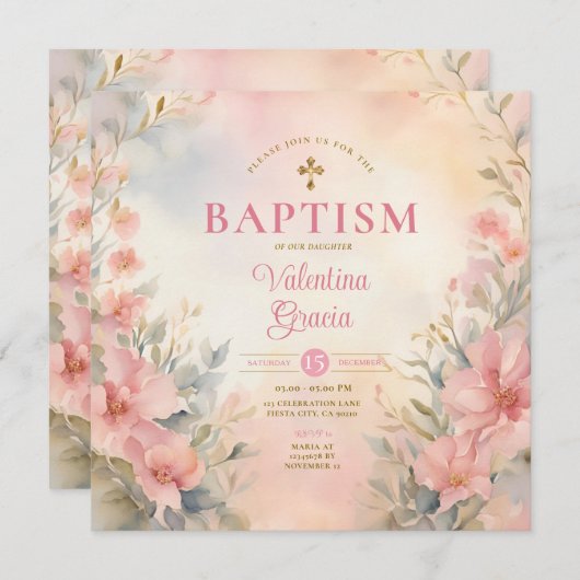 ピンクピーチガールウォーター色バプティスクロスフローラ 招待状 (正面/裏面)
