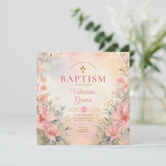 ピンクピーチガールウォーター色バプティスクロスフローラ 招待状 (スタンド正面)