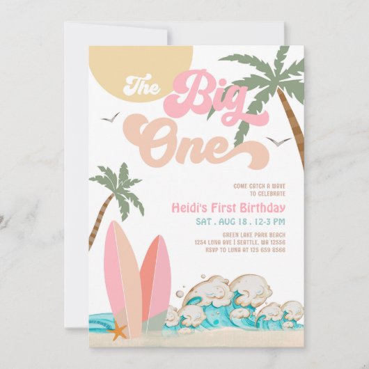 ピンクピーチガールザビッグワンサーフィン1st誕生日 招待状 (正面)