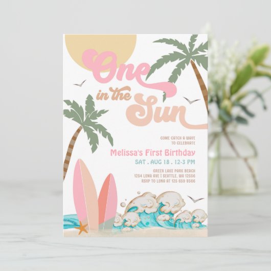 ピンクピーチガールワンインザサンサーフ1st誕生日 招待状 (スタンド正面)