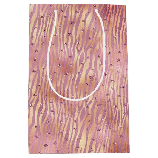 ピンクピーチグリジーグリッタースパークルゼブラプリント ミディアムペーパーバッグ (正面)