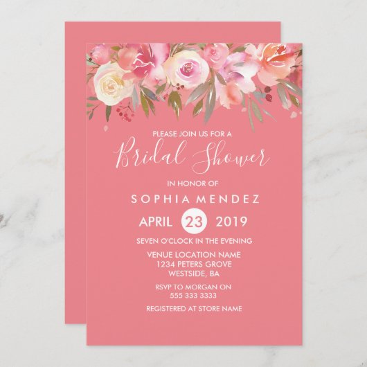 ピンクピーチコーラルウォーターブライダルシャワー招待状 招待状 (正面/裏面)