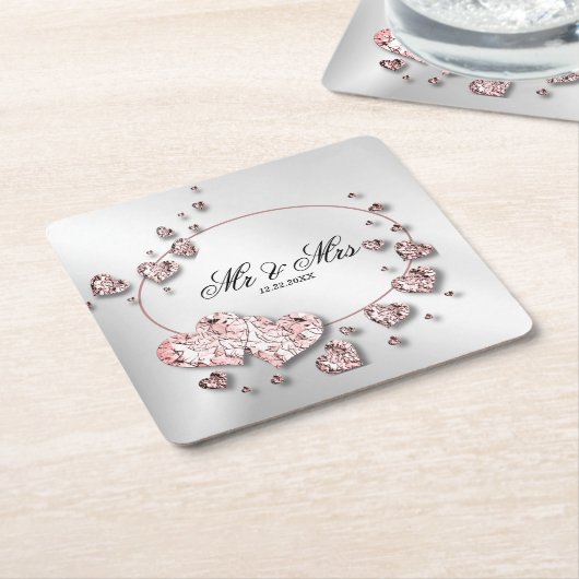 ピンクピーチシャイニーハートジオメトエレガントリ スクエアペーパーコースター (アングル)