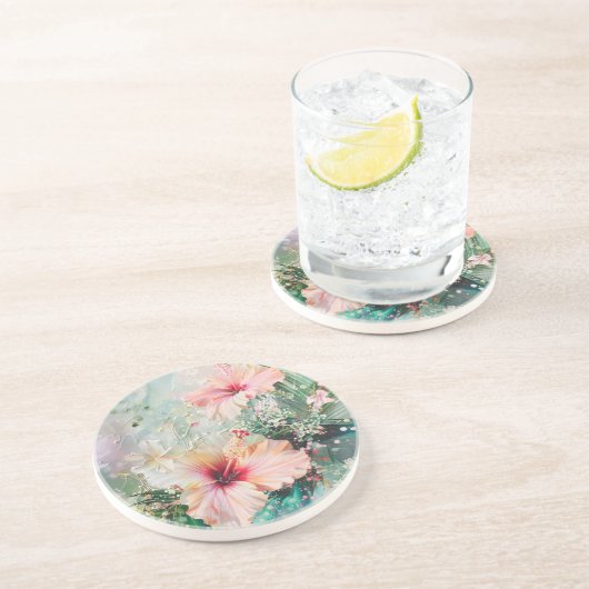 ピンクピーチトロピカルハイビスカスフローラ誕生日 コースター (側面)