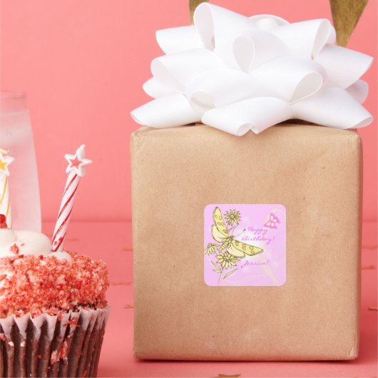 ピンクピーチバタフライステッカー スクエアシール (パーティー)