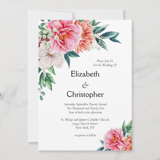 ピンクピーチピーニーピーニーフローラユーカリ結婚プス 招待状 (正面)