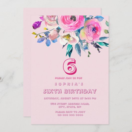 ピンクピーチフラワーガールガールチルドレン子供の誕生日 招待状 (正面/裏面)