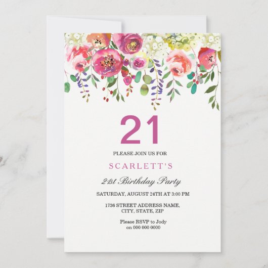 ピンクピーチフラワーズ21歳パーティの招待状 招待状 (正面)