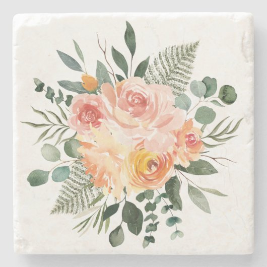 ピンクピーチフラワーユーカリ離れフローラ ストーンコースター (正面)