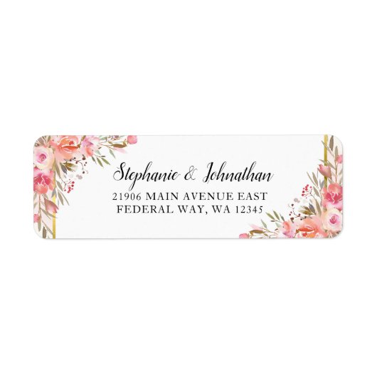 ピンクピーチフローラウォーターカラー金ゴールド差出人住所 ラベル (正面)