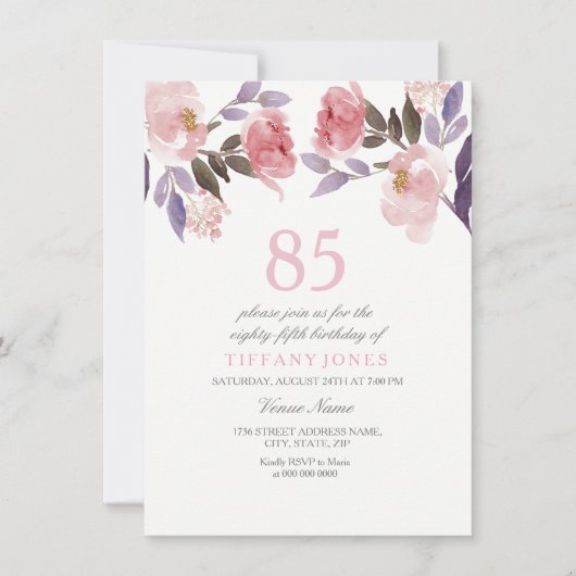 ピンクピーチフローラウォーターカラー85th誕生日招待状 招待状 (正面)