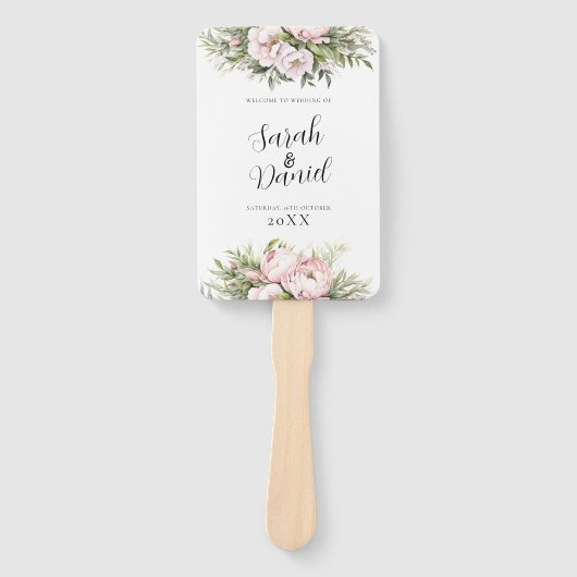 ピンクピーチフローラエレガントな結婚式プログラム ハンドファン (正面)