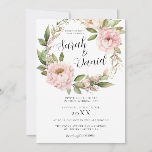 ピンクピーチフローラエレガントな結婚式 招待状 (正面)