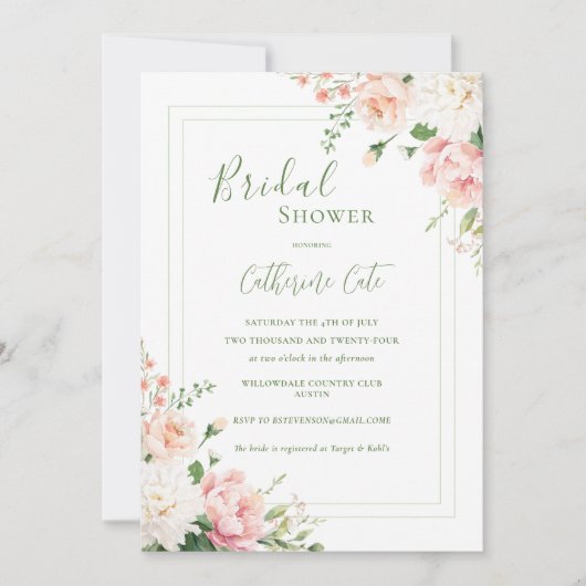 ピンクピーチフローラエレガントブライダルシャワー 招待状 (正面)