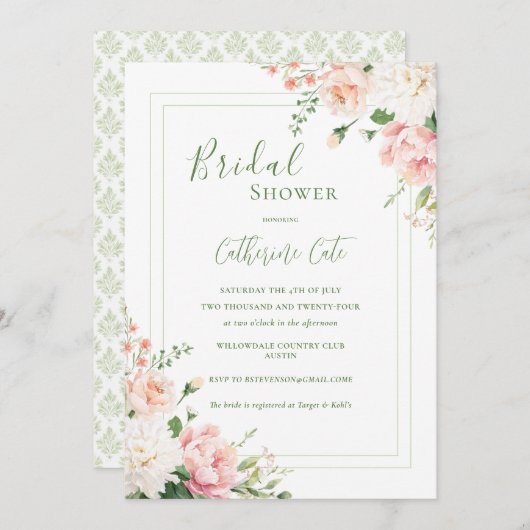 ピンクピーチフローラエレガントブライダルシャワー 招待状 (正面/裏面)