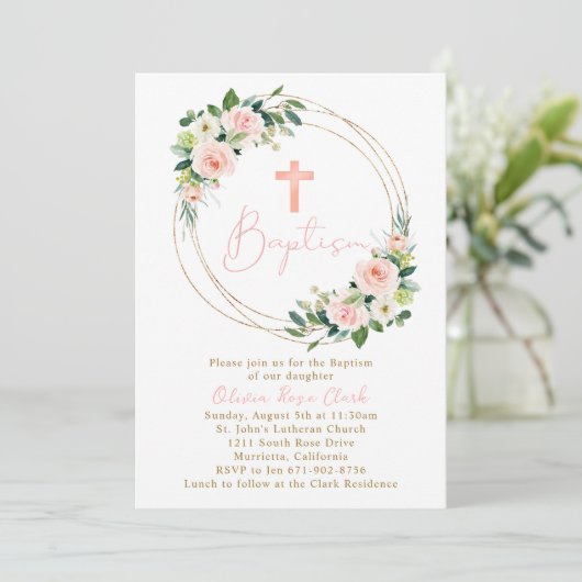 ピンクピーチフローラバプテスマ金ゴールドフレーム 招待状 (スタンド正面)