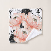 ピンクピーチフローラブラックステンシルダイヤモンド バスタオルセット (ウォッシュタオル)