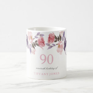 ピンクピーチフローラ水彩第90誕生日ギフト コーヒーマグカップ