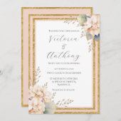 ピンクピーチフローラ牡丹モダン金ゴールド結婚ズ 招待状 (正面/裏面)
