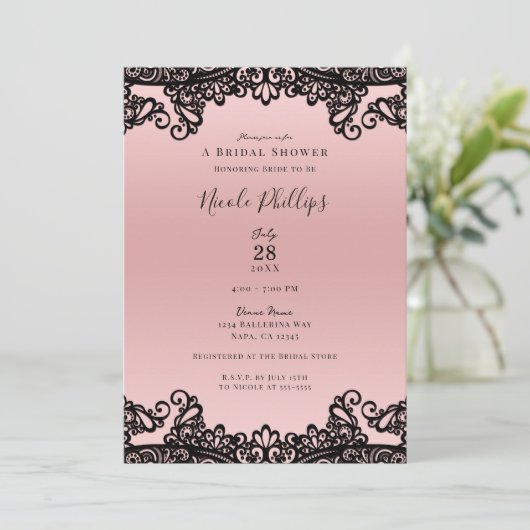 ピンクピーチブラックインクレースエレガントブライダルシャワー 招待状 (スタンド正面)