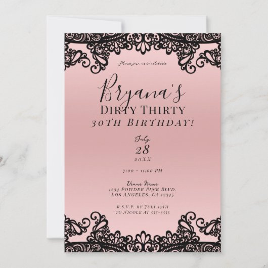 ピンクピーチブラックレースダーティ30 30th誕生日 招待状 (正面)