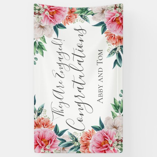 ピンクピーチホワイトフローラ牡丹婚約バナー 横断幕 (縦)