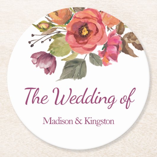 ピンクピーチ秋エレガントフローラ結婚ズ ラウンドペーパーコースター (正面)