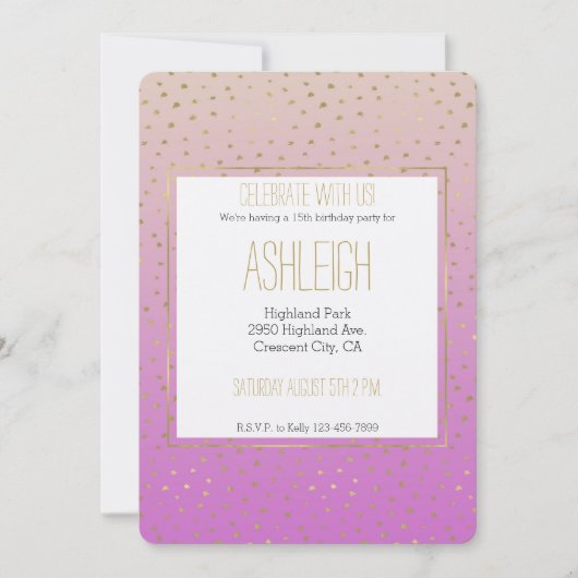ピンクピーチ金ゴールドグラデーション紙吹雪ドット誕生日 招待状 (正面)