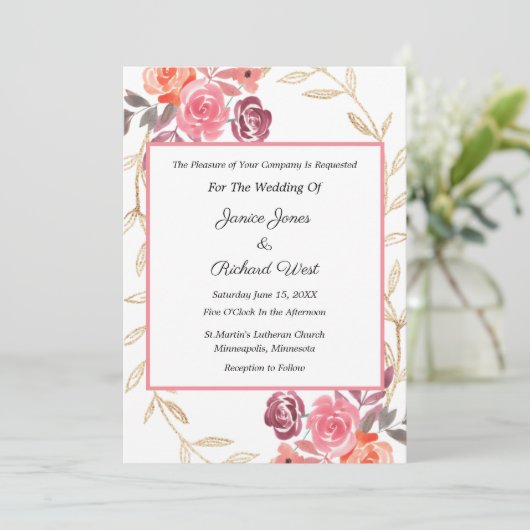 ピンクピーチ金ゴールドフローラリース結婚式招待状 招待状 (スタンド正面)