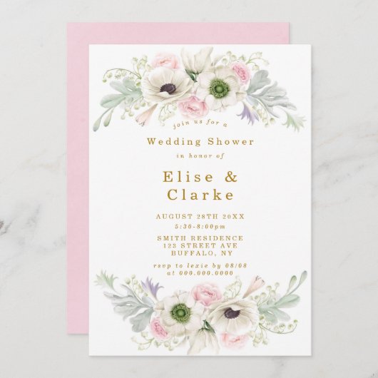 ピンクピーニーアネモネフラワー金ゴールドウェディングシャワー (正面/裏面)